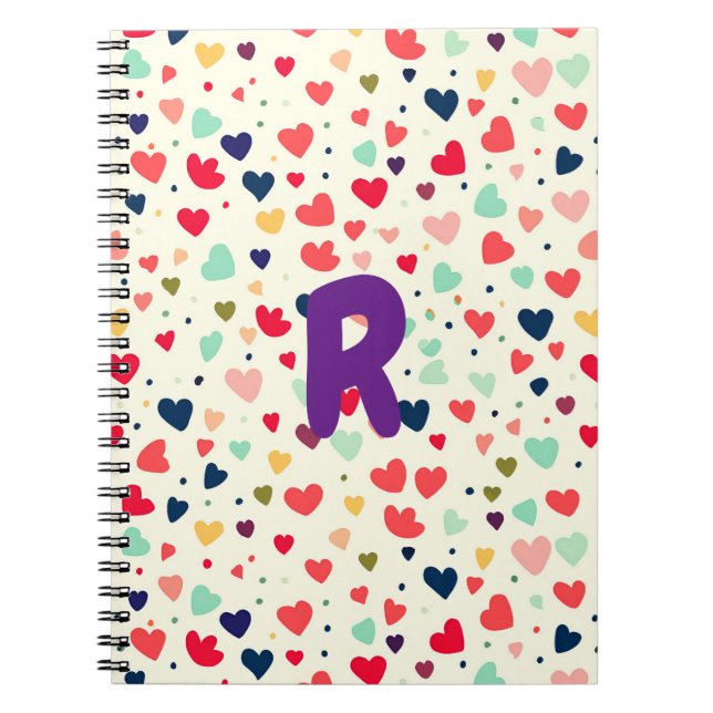 Purple Custom Initial Cute Hearts Pattern Notebook (Front)