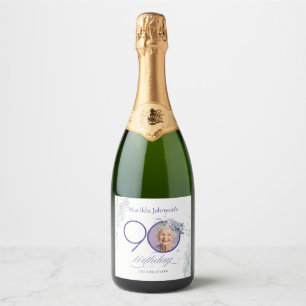 Purple Custom Photo Floral 90th Birthday Sparkling Wine Label