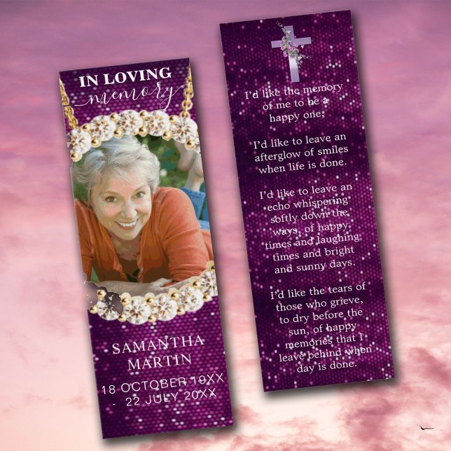 Purple Custom Photo Memorial Poem Funeral Bookmark (Creator Uploaded)