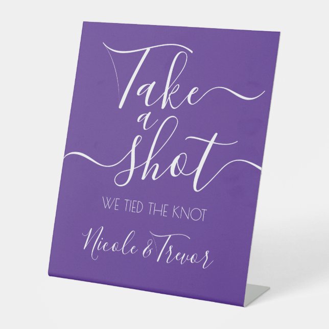 Purple Customisable Take a Shot Wedding Pedestal Sign (Front)