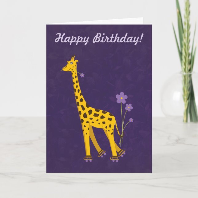Purple Customisable Text Funny Giraffe Birthday Card (Front)