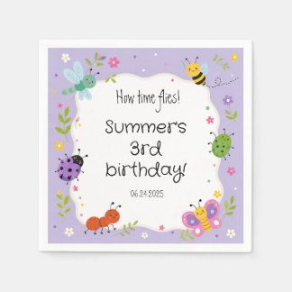 Purple Cute Bugs Girls Birthday Napkin