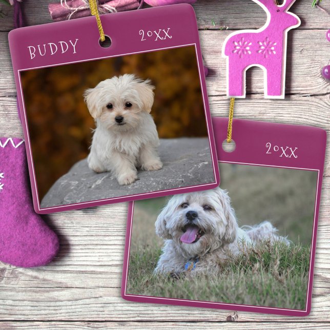 Purple Cute Dog Pet 2 Photos Christmas Ceramic Ornament (Creator Uploaded)