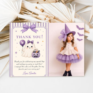 Purple Cute Ghost Halloween Photo Thank You Card