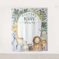 Purple cute jungle baby animals shower backdrop