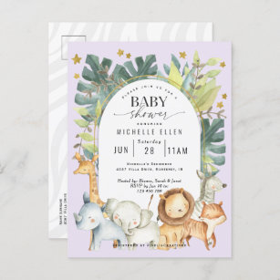Purple cute jungle safari baby girl shower invitation postcard