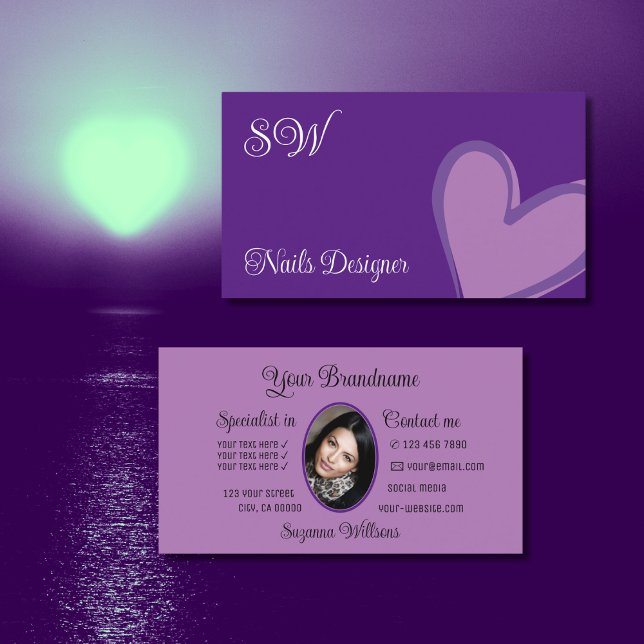 Purple Cute Lilac Heart with Monogram and Photo Business Card (Creator Uploaded)