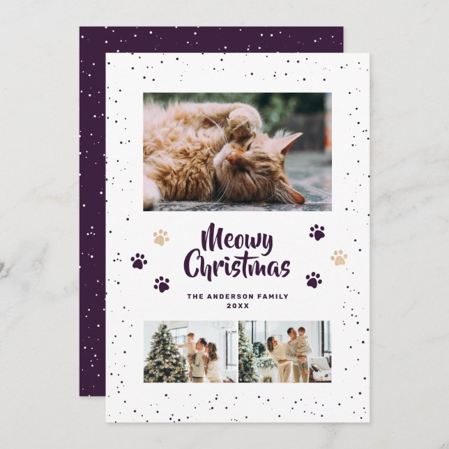 Purple Cute Meowy Christmas Snow Photo Holiday Card (Front/Back)