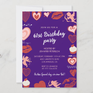 Purple Cute Pink Hearts 61st birthday invitations 