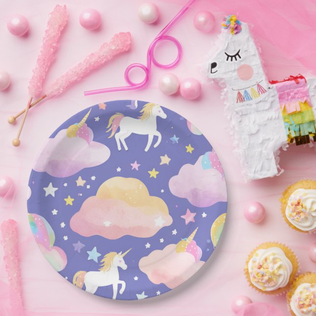 Purple Cute Rainbow unicorn birthday girls  kids Paper Plate (Party)