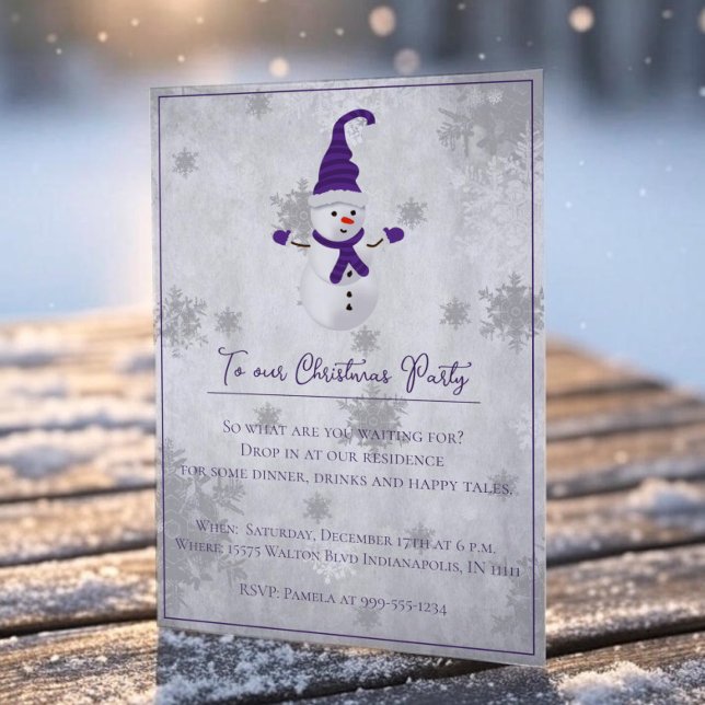 Purple Cute Snowman Christmas Party Invitation (Purple Cute Snowman Christmas Party Invitation)