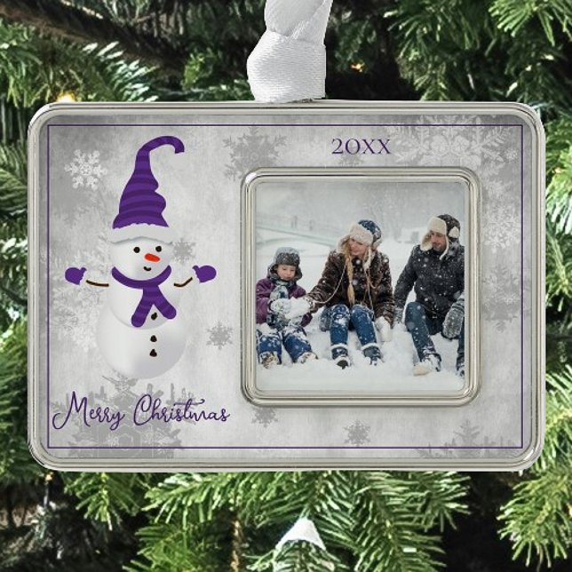 Purple Cute Snowman Holiday Photo Silver Plated Framed Ornament (Purple Cute Snowman Holiday Ornament)