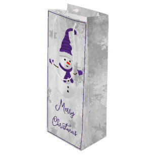 Purple Cute Snowman Holiday Wine Gift Bag