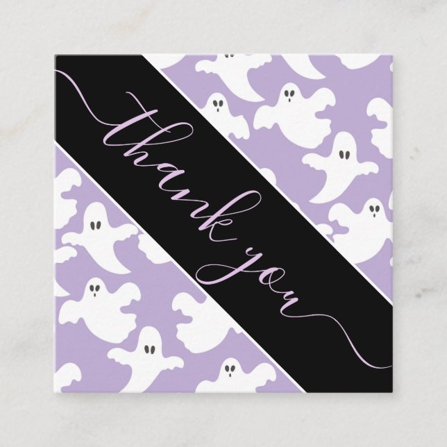 Purple Cute Spooky Ghost Pattern Thank U Halloween Square Business Card (Front)