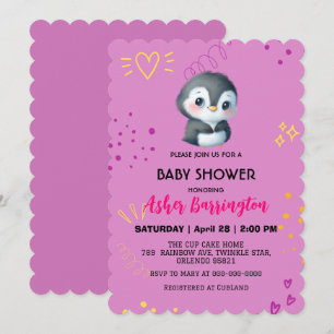 Purple Cute sweet penguin Lovely baby shower kids Invitation