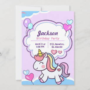 Purple Cute Unicorn Birthday Invitation