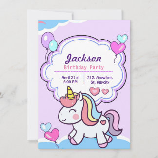 Purple Cute Unicorn Birthday Invitation