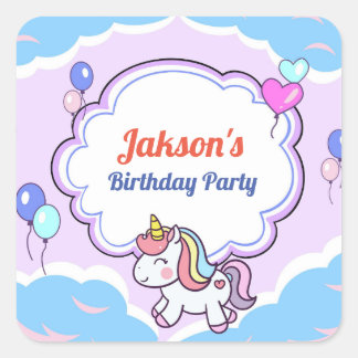 Purple Cute Unicorn Birthday Party Sticker/Label Square Sticker