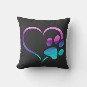 Purple Cyan Dog paw Print Heart Cushion