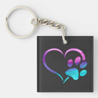 Purple Cyan Dog paw Print Heart Key Ring