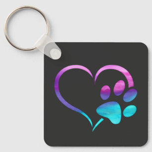 Purple Cyan Dog paw Print Heart Key Ring