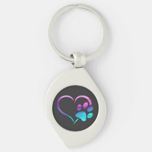 Purple Cyan Dog paw Print Heart Key Ring