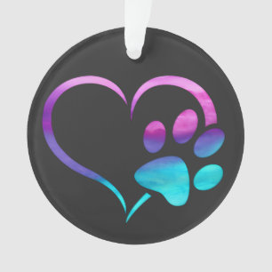 Purple Cyan Dog paw Print Heart  Ornament