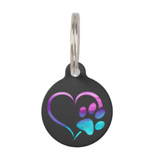Purple Cyan Dog paw Print Heart  Pet Tag