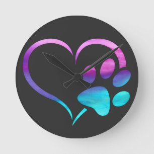 Purple Cyan Dog paw Print Heart  Round Clock