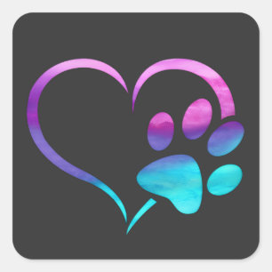 Purple Cyan Dog paw Print Heart  Square Sticker