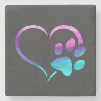 Purple Cyan Dog paw Print Heart Stone Coaster