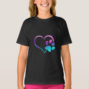 Purple Cyan Dog paw Print Heart  T-Shirt
