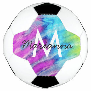 Purple Cyan Tie Dye Name and Initial Personalised Soccer Ball