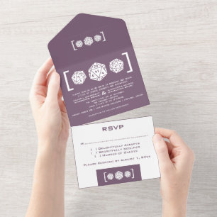Purple D20 Dice Gamer All in One Wedding Invite