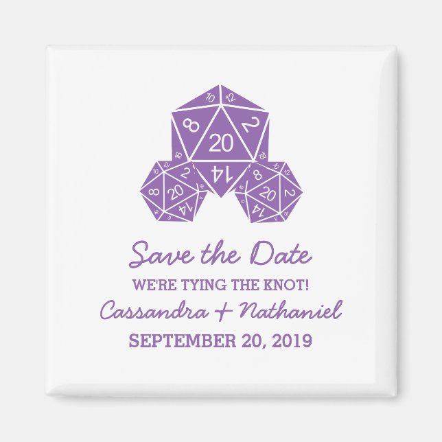 Purple D20 Dice Save the Date Magnet (Front)