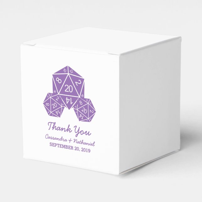Purple D20 Dice Wedding Favour Boxes (Front Side)