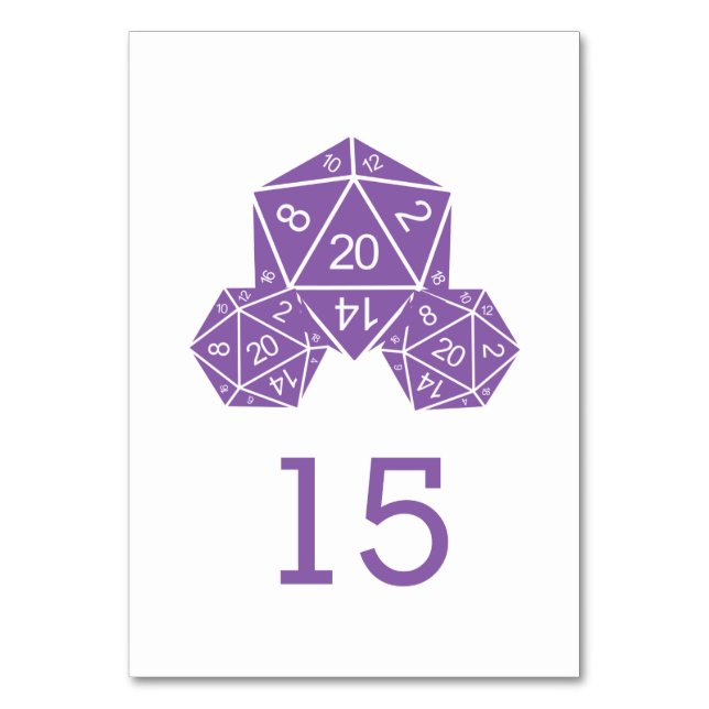 Purple D20 Dice Wedding Table Card (Front)