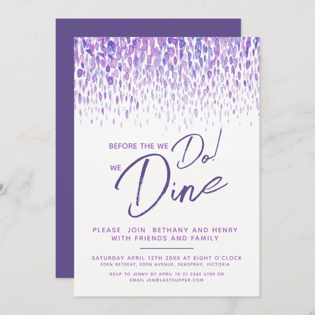 Purple dab art rehearsal dinner before we do invitation (Front/Back)