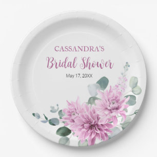 Purple Dahlia Eucalyptus Greenery Bridal Shower  Paper Plate