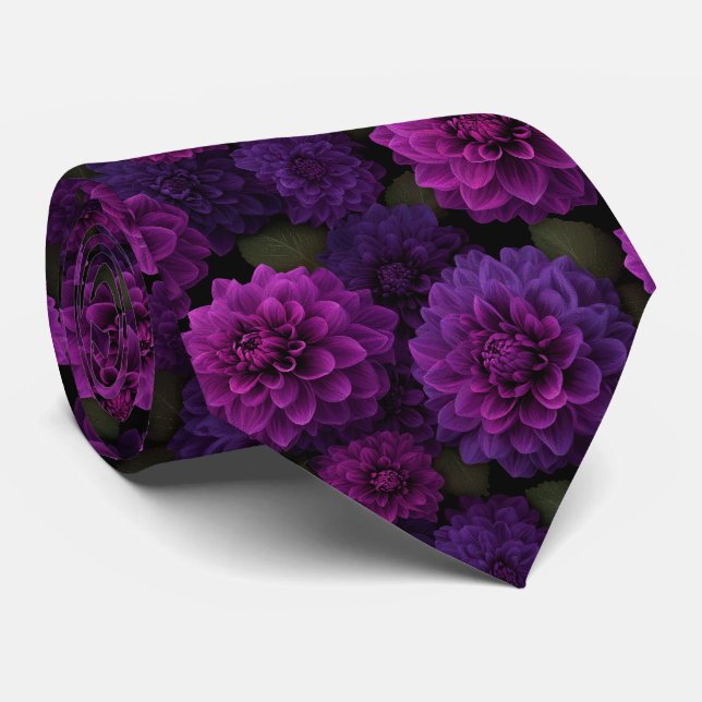 Purple Dahlia Floral Pattern Tie (Rolled)