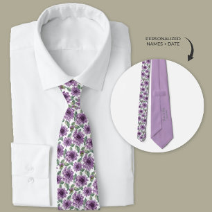 Purple Dahlia Floral Personalised Groomsmen Tie