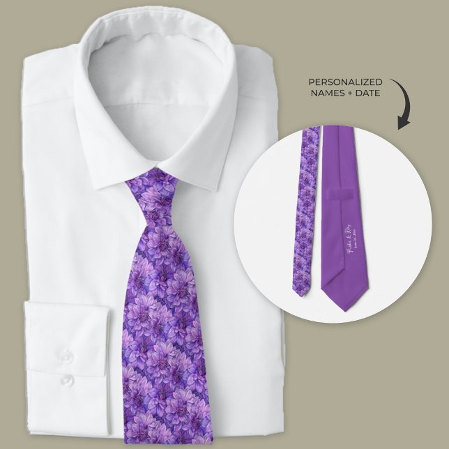 Purple Dahlia Floral  Tie (Purple Dahlia personalized floral necktie for groomsmen.)