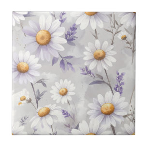 Purple Daisies and Violet Leaves on Ivory Tile