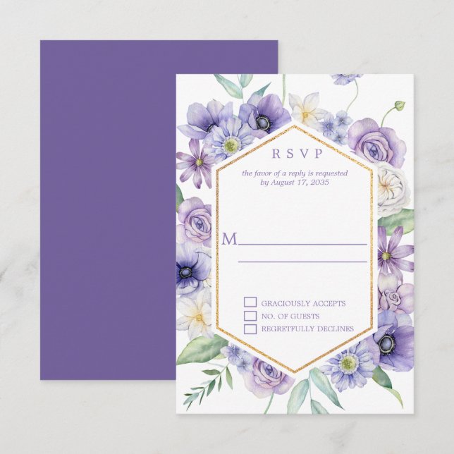 Purple Daisies, Anemones, Roses Geometric Frame RSVP Card (Front/Back)