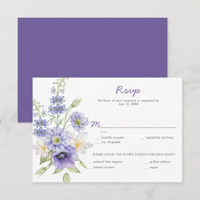Purple Daisies, Anemones, Roses RSVP Card (Front/Back)