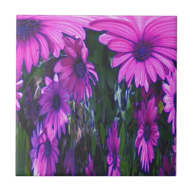 Purple Daisies Floral Abstract Art Tile (Front)