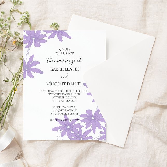 Purple Daisies on White Wedding Invitation (Creator Uploaded)