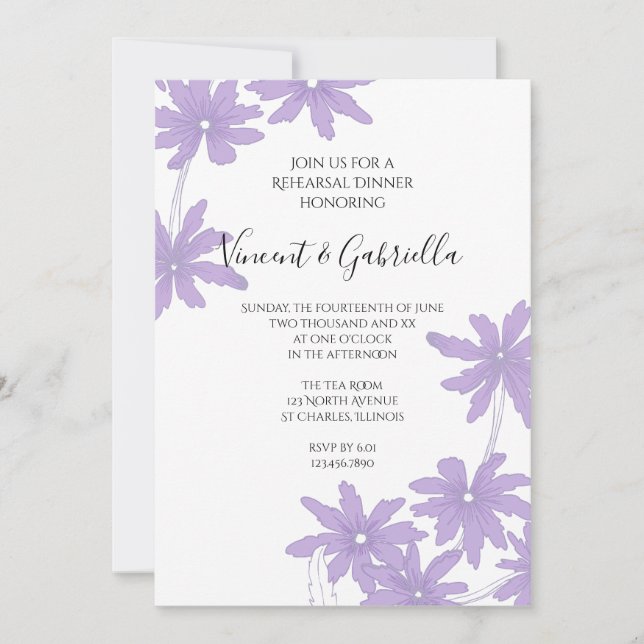 Purple Daisies on White Wedding Rehearsal Dinner Invitation (Front)