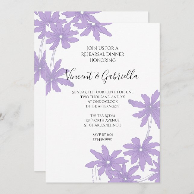 Purple Daisies on White Wedding Rehearsal Dinner Invitation (Front/Back)