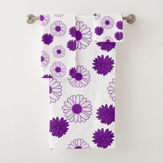 Purple Daisies Pattern in White Bath Towel Set (Insitu)